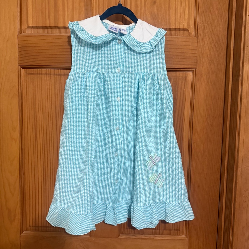 Blue Searsucker Gingham Kids Dress with Peter Pan Collar 6x